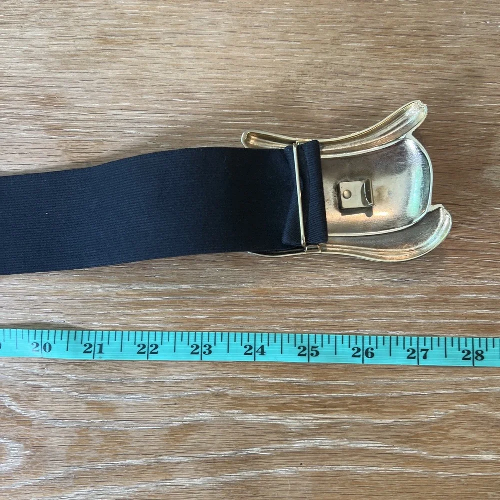 Vtg Black Elastic Cinch Belt Wide Statement Gold-tone Buckle 1980's Small
